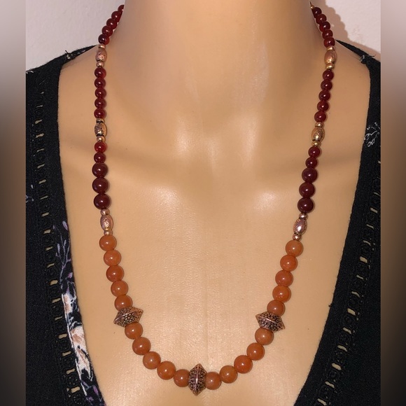 🔴SOLD🔴Graduating Antique Gold Garnet Orange Aventurine Boho Necklace by JM - Picture 6 of 11
